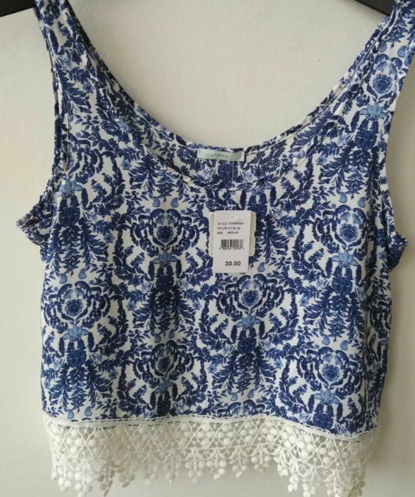 NWT  Soprano White & Blue Crop Tank Top